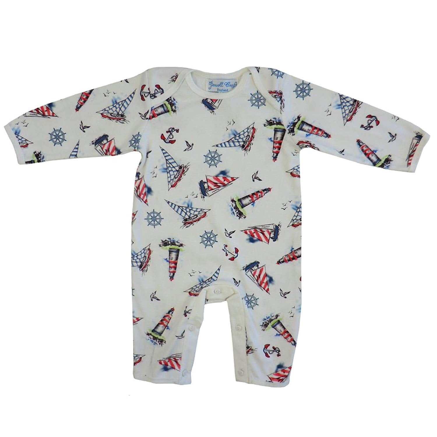 Powell Craft Baby Boys Cotton Nautical Jumpsuit/Babygrow. White - hanrattycraftsgifts.co.uk