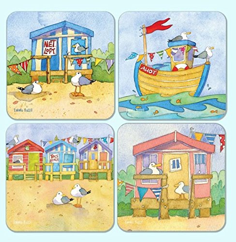 BEACH HUTS - BESIDE the SEA - Emma Ball Colourful Coaster Set x 4 - hanrattycraftsgifts.co.uk