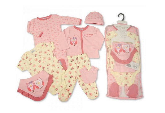 7 Piece Baby Girls Layette Clothing Gift Set Pink Heart Owl Design - hanrattycraftsgifts.co.uk