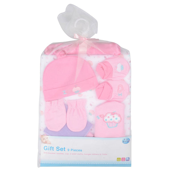 9 Piece Baby Gift Set Newborn Christening Present Blanket Booties Hanger - Pink - hanrattycraftsgifts.co.uk