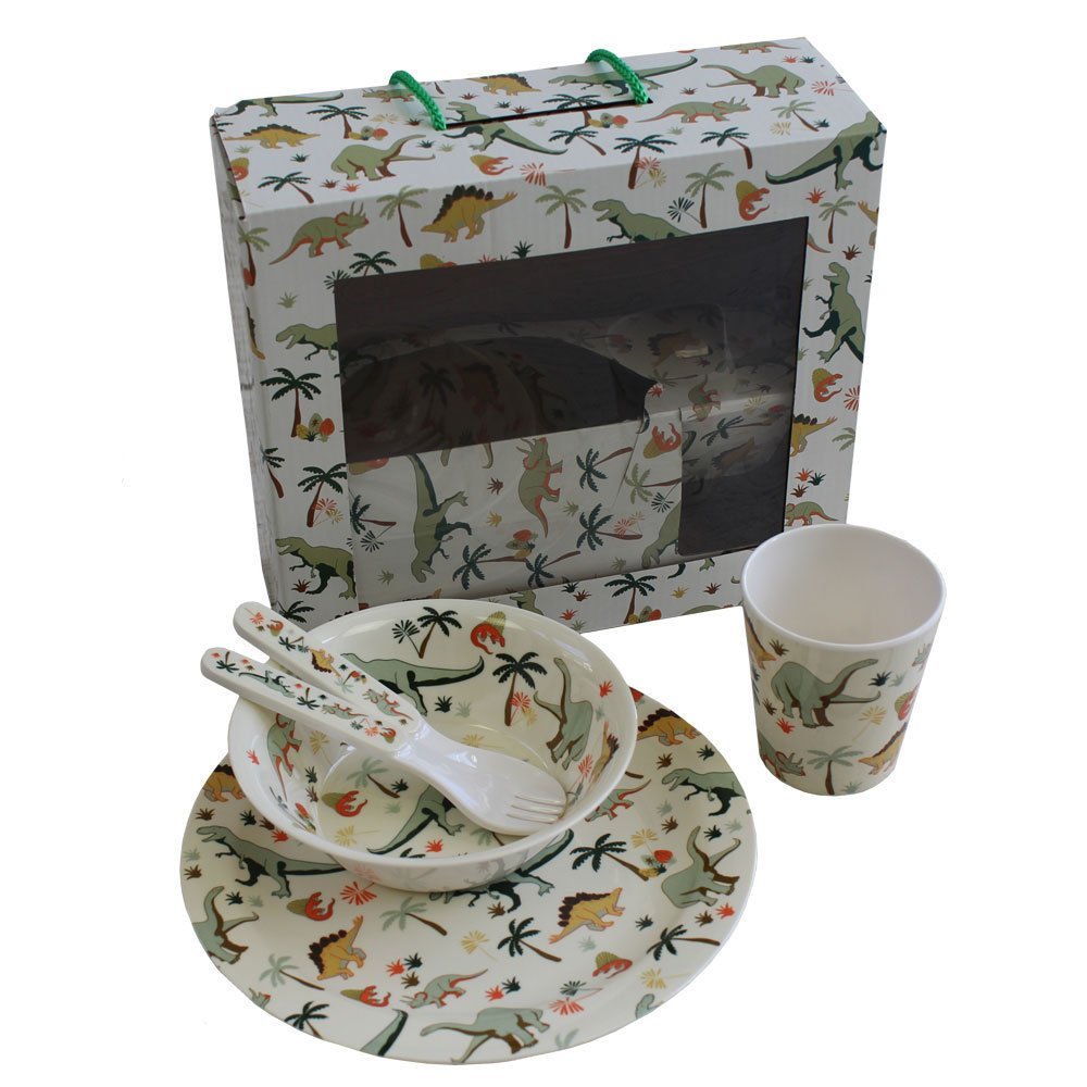 Melamine Tableware 5pc Dining/Gift Set from Powell Craft - Dinosaur - hanrattycraftsgifts.co.uk