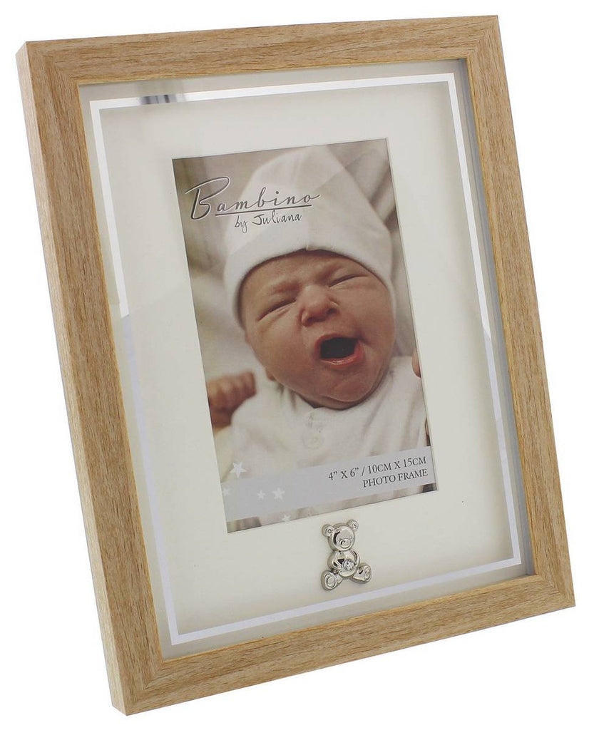 Bambino Light Wooden effect Picture Frame with Silver Teddy Bear Icon 4" x 6" - hanrattycraftsgifts.co.uk