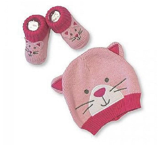 Baby, Boys, Girls, Knitted Hat and Booties Set Pink Cat Sky Blue Dog 100% Cotton (Embroidered) - hanrattycraftsgifts.co.uk