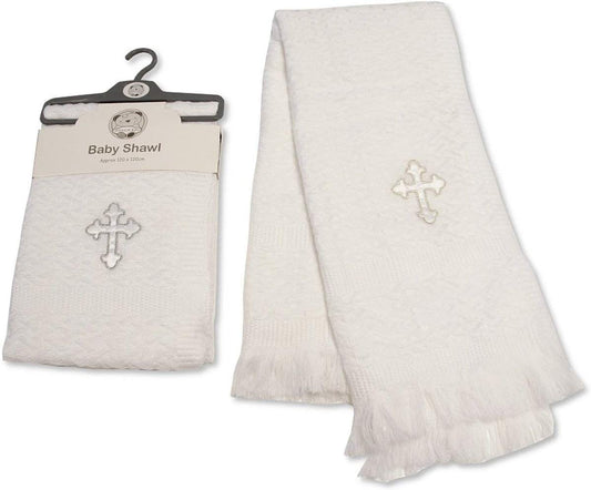 Christen Shawl White Cross 120 x 120 cm Ribbon Baby Shower Gift