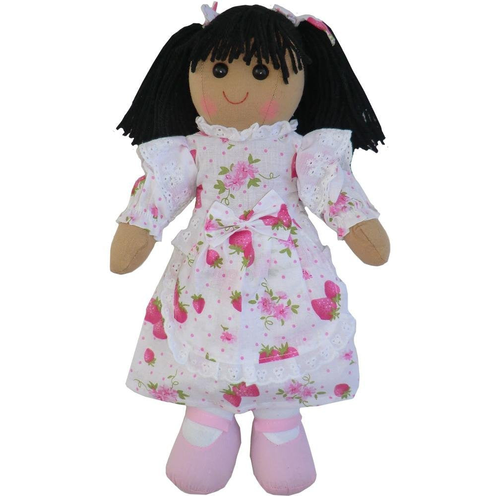 ragdoll 40cms with strawberry paterns black hair - hanrattycraftsgifts.co.uk