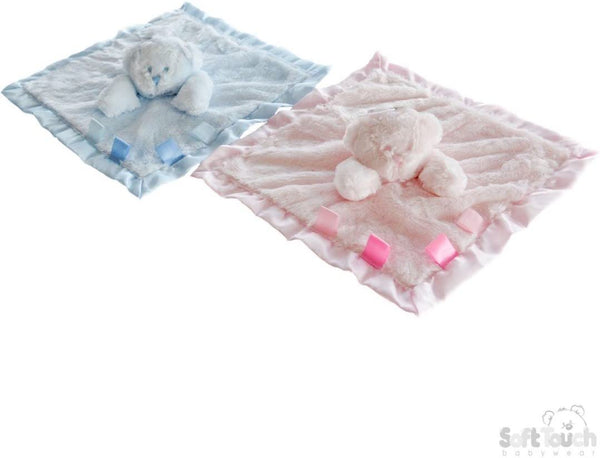 Plush Bear Comforter with 4 Ribbons. Satin Backed. Pink or Blue (Blue)