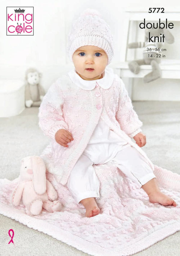 King Cole Baby Double Knit DK Knitting Pattern Cardigan Hat & Blanket (5772)