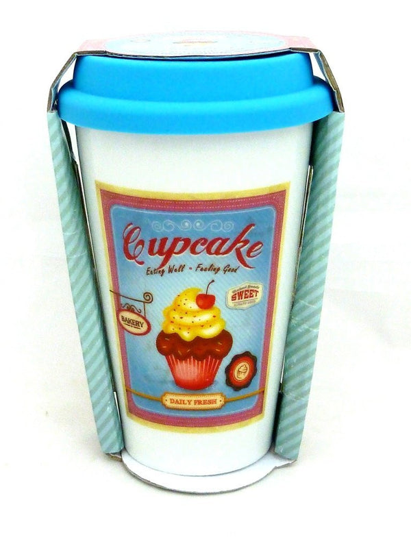 Retro Ceramic Cupcake Travel Mug in 3 Colours Blue Pink and Orange - hanrattycraftsgifts.co.uk