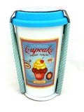 Retro Ceramic Cupcake Travel Mug in 3 Colours Blue Pink and Orange - hanrattycraftsgifts.co.uk