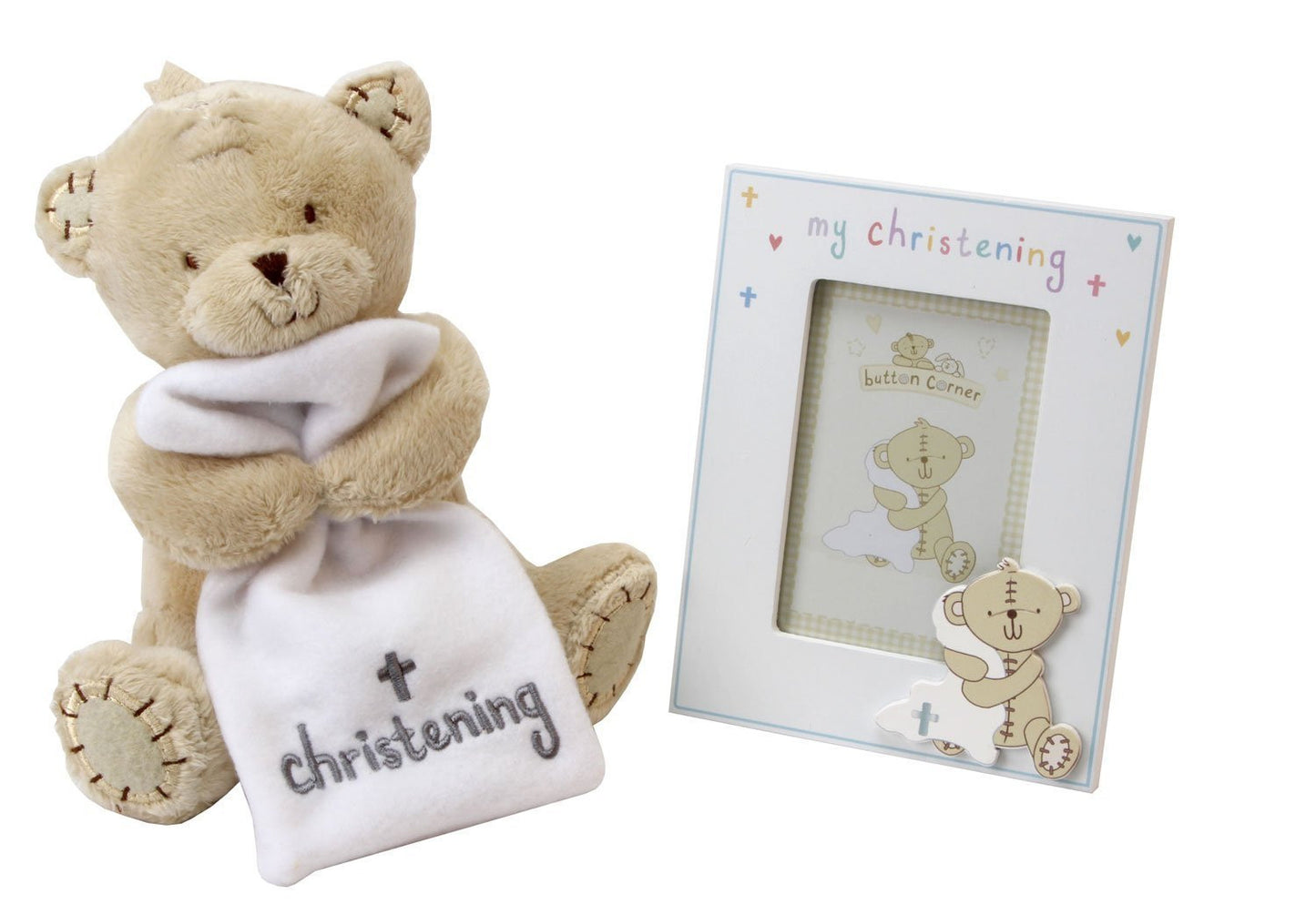 Button Corner MDF Frame & Plush Teddy 17cm (CG1012) - hanrattycraftsgifts.co.uk