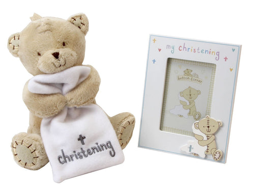 Button Corner MDF Frame & Plush Teddy 17cm (CG1012) - hanrattycraftsgifts.co.uk