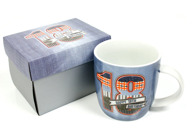 Denim Design Boxed 18th Birthday Mug - hanrattycraftsgifts.co.uk