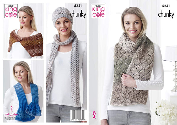 King Cole  Knitting Pattern Womens Hat Scarves and Wrap ine Twirly Tweed Chunky