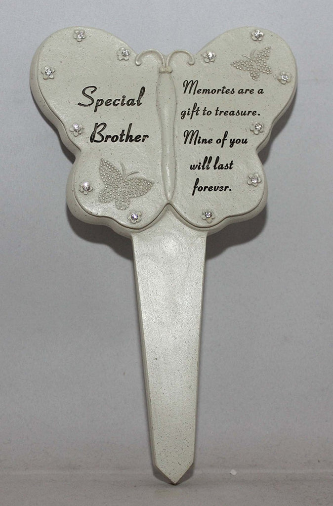 Brother Diamante Memorial Butterfly Stake Garden Stone Plaque Grave Ornament pushes in ground - hanrattycraftsgifts.co.uk