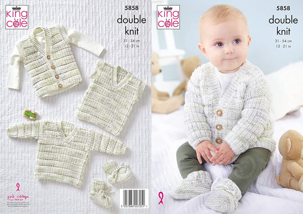 King Cole Baby DK Knitting Pattern Cardigan Waistcoat Sweater Tank Top & Bootees (5858)