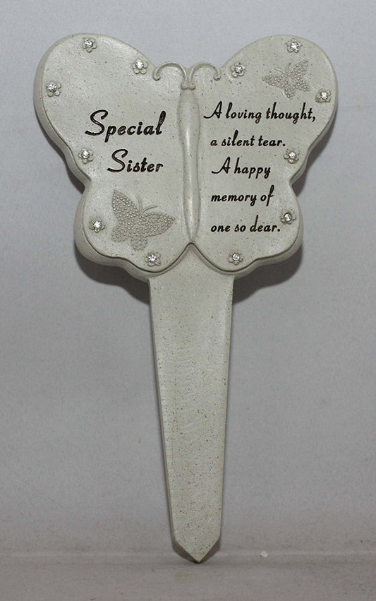 Sister Diamante Memorial Butterfly Stake Garden Stone Plaque Grave Ornament pushes in ground - hanrattycraftsgifts.co.uk