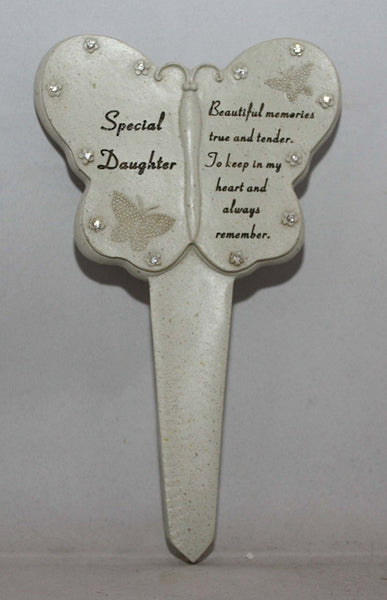 Daughter Diamante Memorial Butterfly Stake Garden Stone Plaque Grave Ornament pushes in ground - hanrattycraftsgifts.co.uk