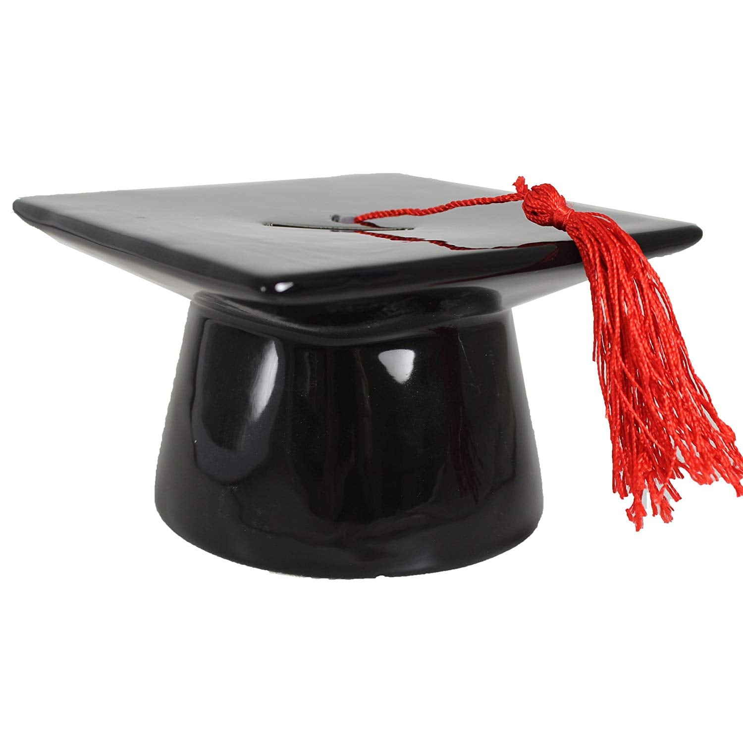 Graduation Black Mortar Board Hat Money Box with Red Tassel - hanrattycraftsgifts.co.uk