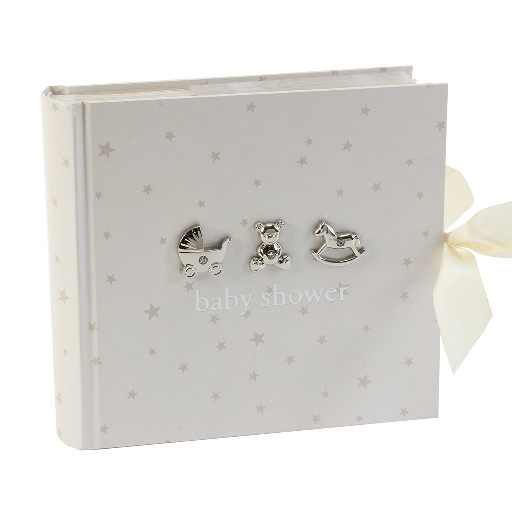 Beautiful Bambino "Baby Shower" 6" x 4" Slip in Photo Album - White with silver stars & icons - hanrattycraftsgifts.co.uk