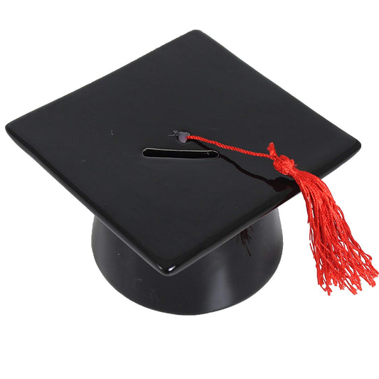Graduation Black Mortar Board Hat Money Box with Red Tassel - hanrattycraftsgifts.co.uk