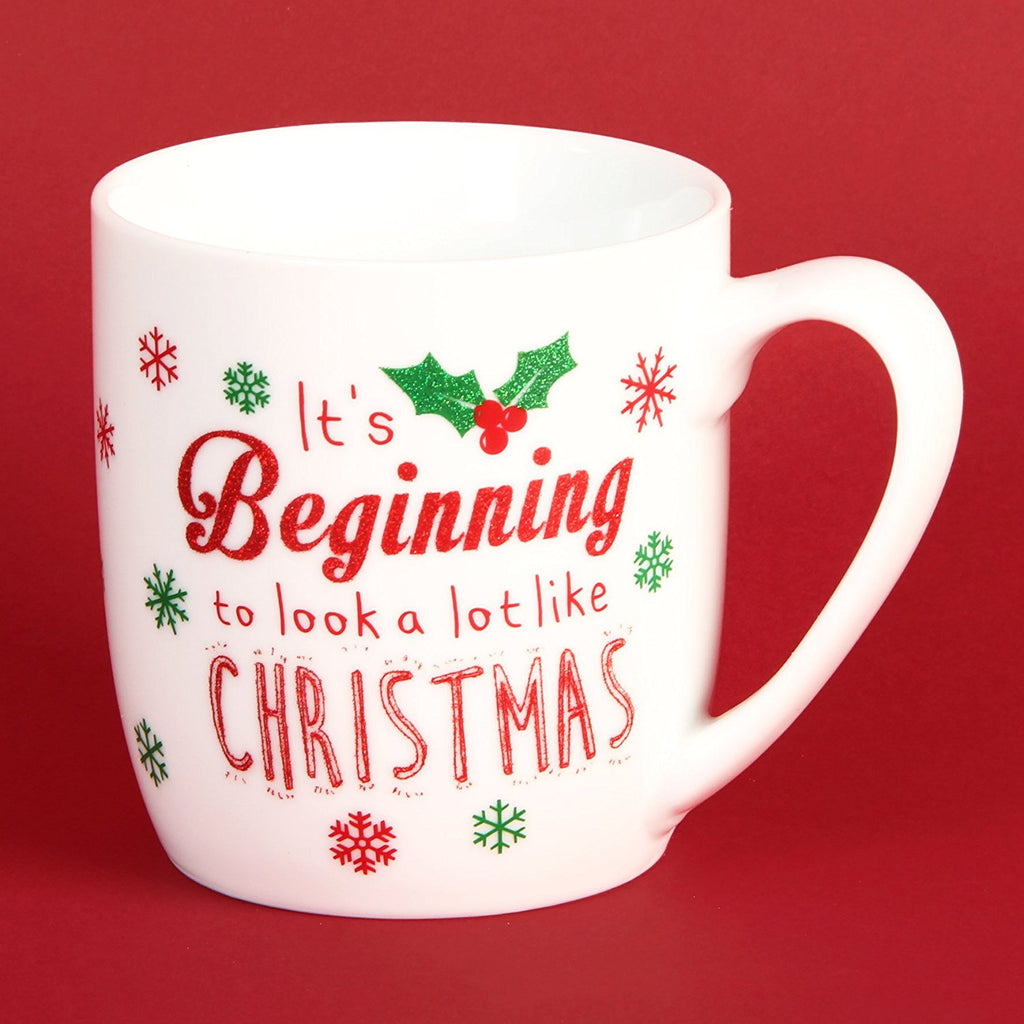 Festive Red, White & Green IT'S BEGINNING TO LOOK A LOT LIKE CHRISTMAS Mug / Cup - ceramic Christmas mug for tea / coffee / hot chocolate - hanrattycraftsgifts.co.uk