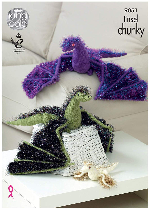 King Cole 9051 Knitting Pattern Toy Dragons in Tinsel Chunky and Pricewise DK - hanrattycraftsgifts.co.uk