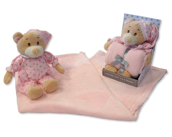 Baby Girls Pink Soft Teddy Bear In Pyjamas & Blanket - Boxed Gift Set - hanrattycraftsgifts.co.uk