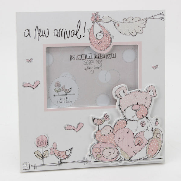 Tracey Russell 6"x4" MDF Photo Frame A New Arrival Girl Design Pink Polka Dot Frame - hanrattycraftsgifts.co.uk