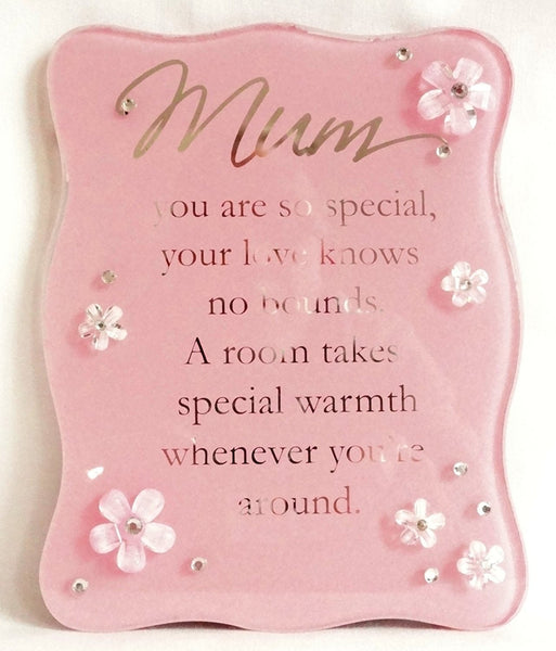 Juliana Glass Curved Edge Plaque & Flowers Pink - Mum - hanrattycraftsgifts.co.uk