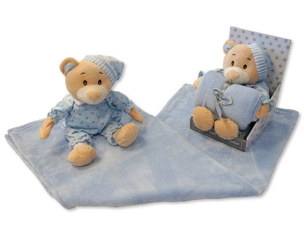 Baby Boys Blue Soft Teddy Bear In Pyjamas & Blanket - Boxed Gift Set - hanrattycraftsgifts.co.uk
