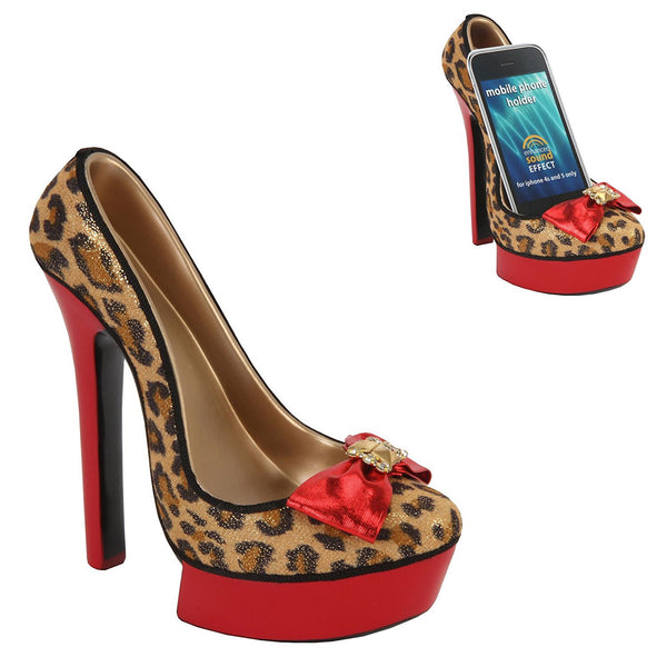 High Heel Shoe Shape Mobile Phone Holder Speakers Sound Enhancers - Leopard Skin - hanrattycraftsgifts.co.uk