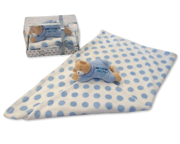 Babies Blue Soft 'Cute Baby Boy' Teddy Bear & Blanket - Boxed Gift Set - hanrattycraftsgifts.co.uk