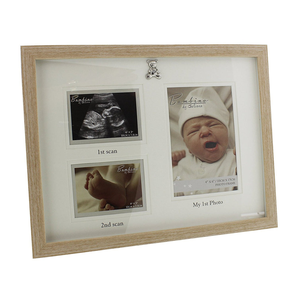 Bambino Light Wooden effect 3 in 1 Picture Frame with Silver Teddy Bear Icon - hanrattycraftsgifts.co.uk