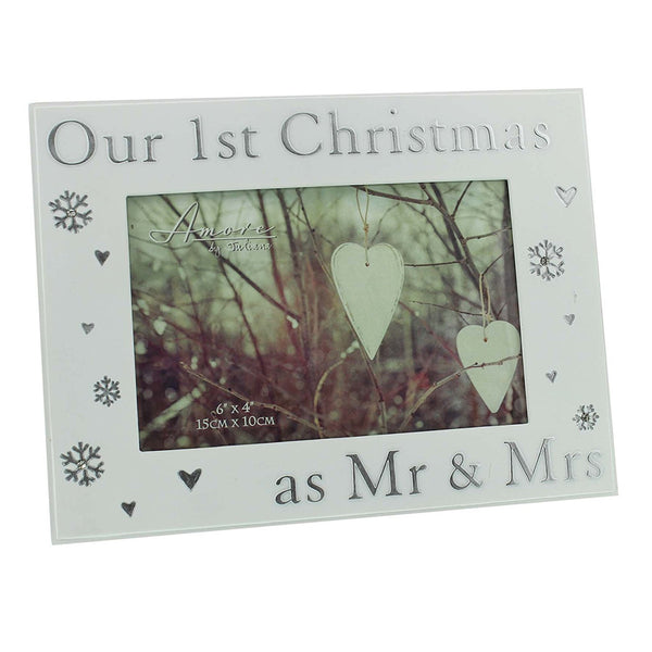 Our 1st Christmas as Mr & Mrs 6" x 4" Photo Frame with hearts & snowflakes - hanrattycraftsgifts.co.uk