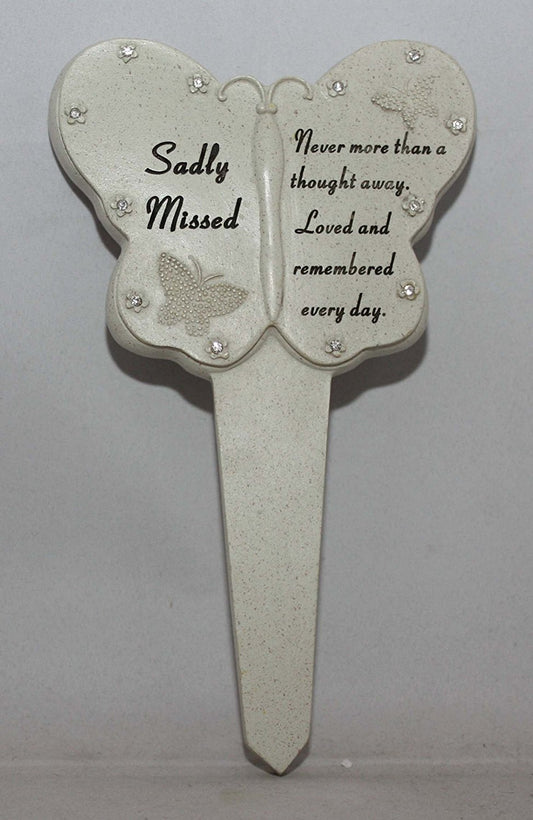 Sadly Missed Diamante Memorial Butterfly Stake Garden Stone Plaque Grave Ornament pushes in ground - hanrattycraftsgifts.co.uk