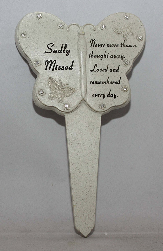 Sadly Missed Diamante Memorial Butterfly Stake Garden Stone Plaque Grave Ornament pushes in ground - hanrattycraftsgifts.co.uk