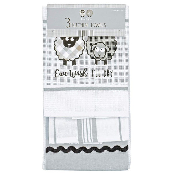 Set of 3 Embroidered 100% Cotton Kitchen Tea Towels - Ewe & Me - hanrattycraftsgifts.co.uk