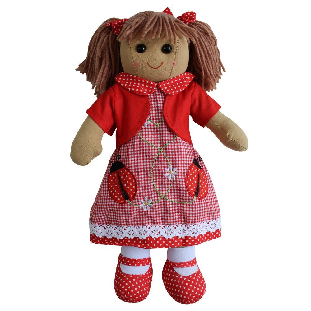 Ladybird embroidered dress rag doll with red cardigan and red polka dot shoes. size 40cm. - hanrattycraftsgifts.co.uk