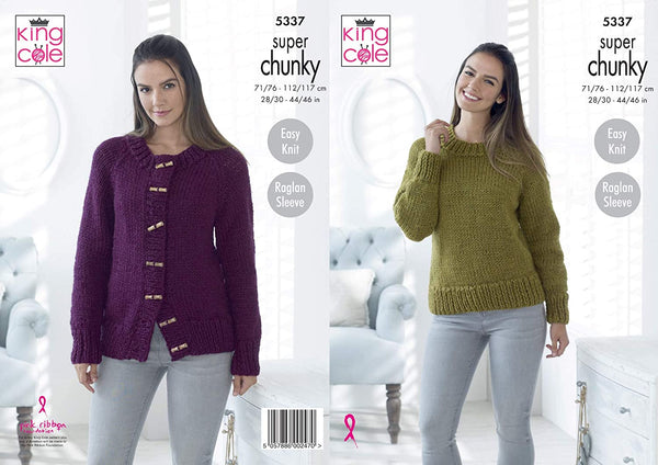 Super Chunky Knitting Pattern Easy Knit Raglan Sleeve Sweater & Cardigan (5337)