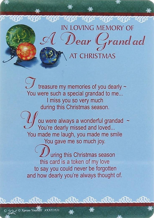 Grandad Graveside Memory Card. Remembering A Special Grandad at Christmas time. Christmas Memory Card Grandad - hanrattycraftsgifts.co.uk