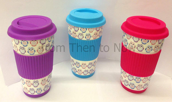 Owl Take Away Thermal Insulated Ceramic Eco Cup Travel Mug Silicon Lid & Grip (Purple) - hanrattycraftsgifts.co.uk