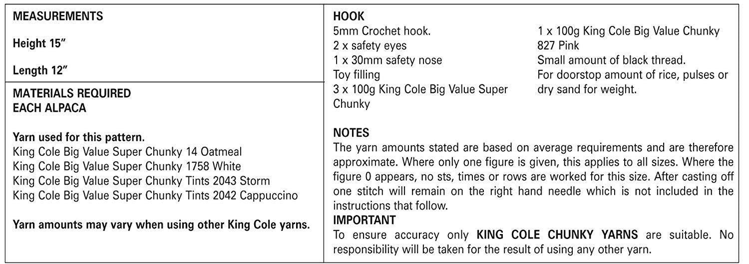 King Cole 9081 Crochet Pattern Andre the Alpaca Toy / Doorstop in King Cole Big Value Super Chunky - hanrattycraftsgifts.co.uk