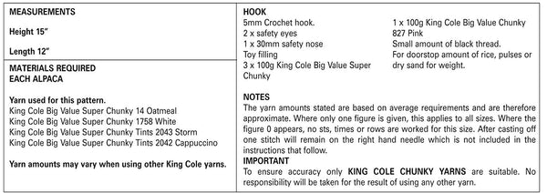 King Cole 9081 Crochet Pattern Andre the Alpaca Toy / Doorstop in King Cole Big Value Super Chunky - hanrattycraftsgifts.co.uk
