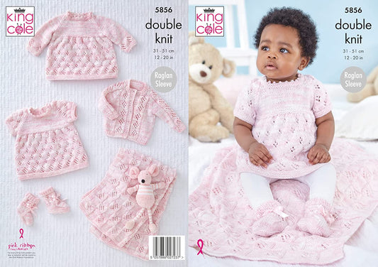 King Cole Baby DK Knitting Pattern Dress Cardigan Blanket & Bootees (5856)