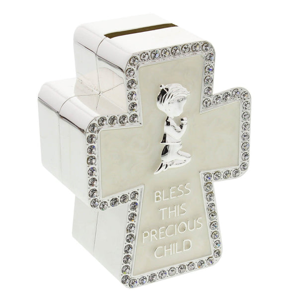 juliana silverplated & cream epoxy cross money box boy - hanrattycraftsgifts.co.uk