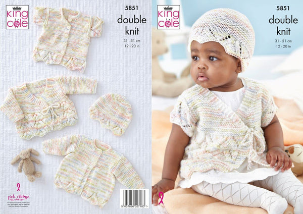 King Cole Baby DK Knitting Pattern Matinee Coat Crossover Cardigan & Hat (5851)