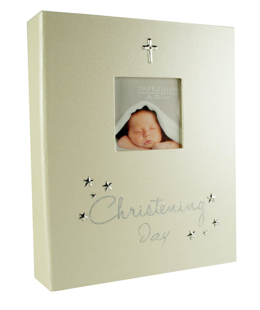 Christening Day Photo Album with Silver Cross - hanrattycraftsgifts.co.uk