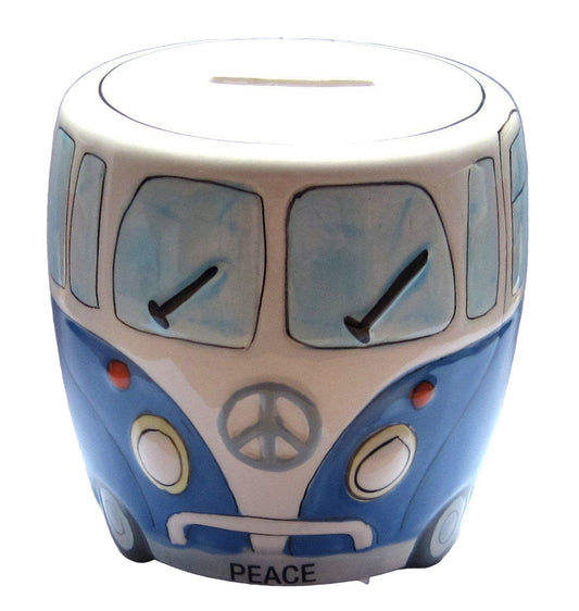 White and Blue Ceramic Camper Van Money Box with 'PEACE' on the Front - hanrattycraftsgifts.co.uk