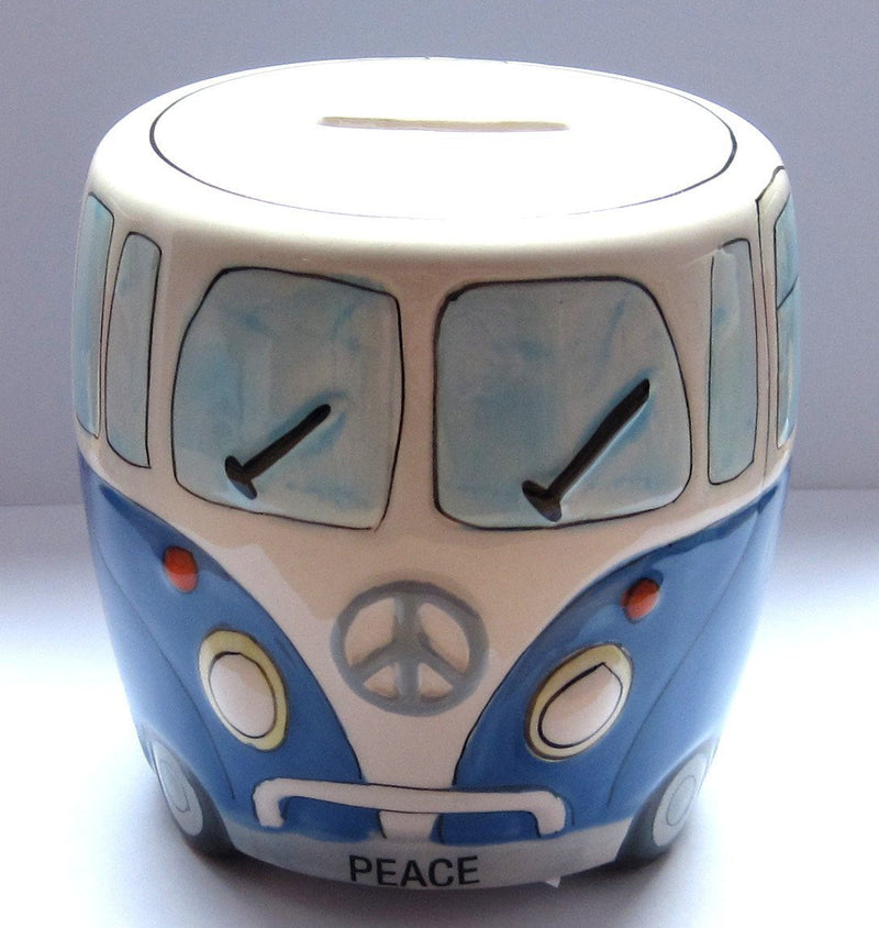 White and Blue Ceramic Camper Van Money Box with 'PEACE' on the Front - hanrattycraftsgifts.co.uk