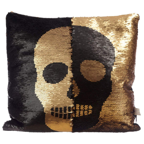 Black and Gold Sequin Skull Cushion - hanrattycraftsgifts.co.uk